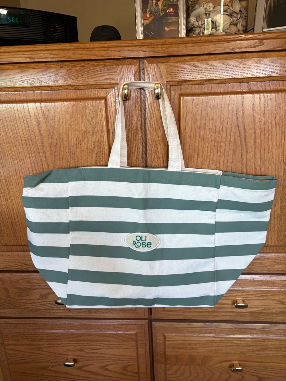 Oil Rose Green & White Striped Canvas Large Tote